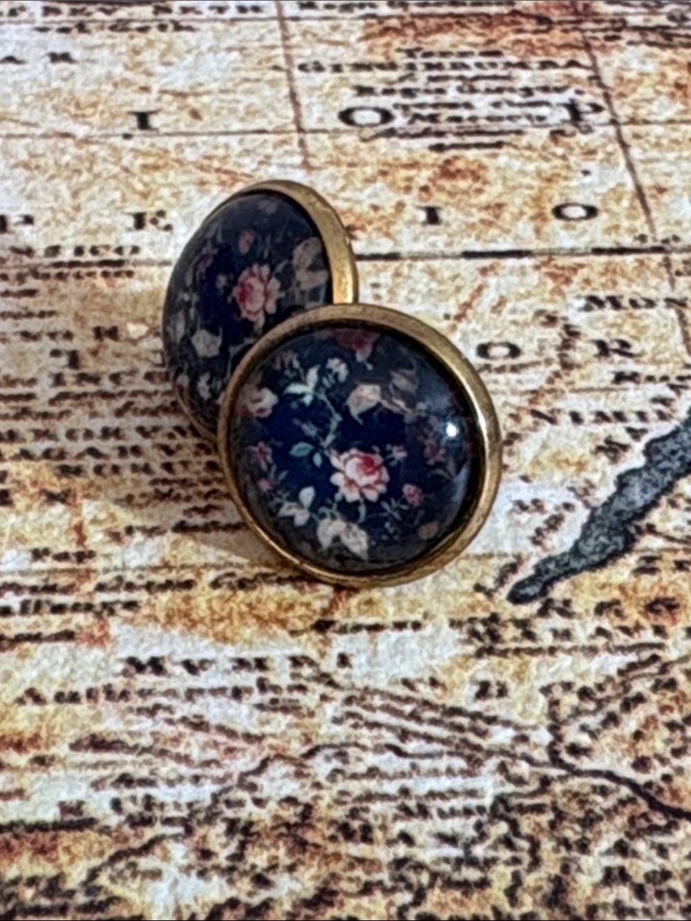Vintage-Style Navy Floral Glass Dome Stud Earrings